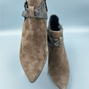 Donald J. Pliner Taupe Suede Ankle Boots with Silver Accents